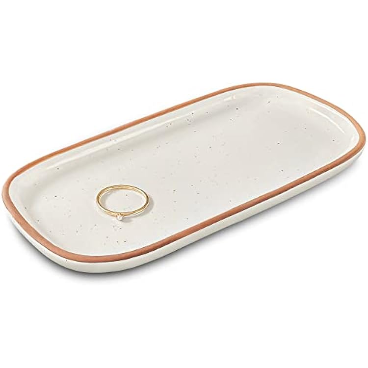 Mora Small Ceramic Decorative Tray Rectangle 6.4 Inch Dish for Jewelry, Perfume, Makeup, Accessories, Candle, in the Bathroom Vanity, Bedside, or Kitchen Counter Cute Organizer White
