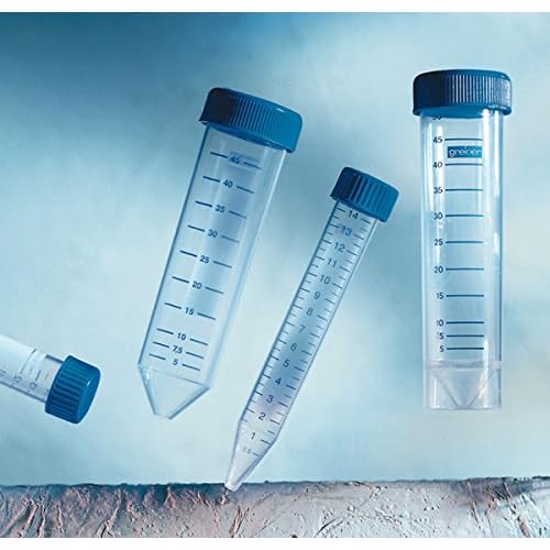 Greiner Bio-One 188261 CELLSTAR Polypropylene Centrifuge Tube with Blue Screw Cap, 15 mL Capacity, 17 mm Dia. x 120 mm L, Sterile, Conical, V Bottom, 10 Racks of 50 Pack of 500