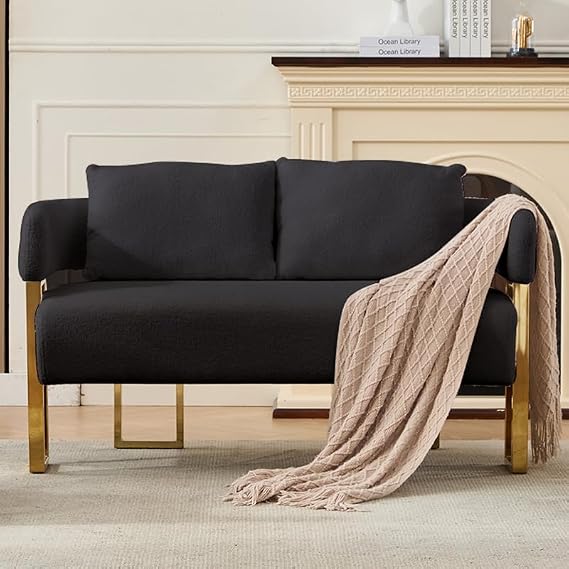 YISHENG Loveseat Sofa Modern Accent Chairs for Living Room with Golden Metal Legs Soft Teddy Upholstered Reading Armchairs no Wheels for Reception Room//Bedroom/Lounge/Office, Black